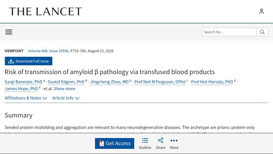 Screenshot of doi.org: Risk of transmission of amyloid β pathology via transfused blood products