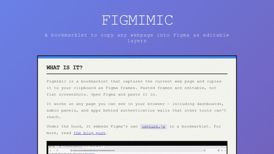 Screenshot of marcua.net: Figmimic – A bookmarklet to copy any webpage into Figma as editable layers