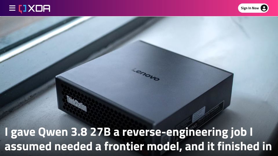 Screenshot of xda-developers.com: I gave Qwen 3.8 27B a reverse-engineering job and it finished in 30 minutes