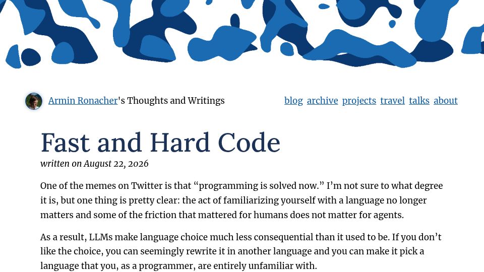 Screenshot of lucumr.pocoo.org: Fast and Hard Code