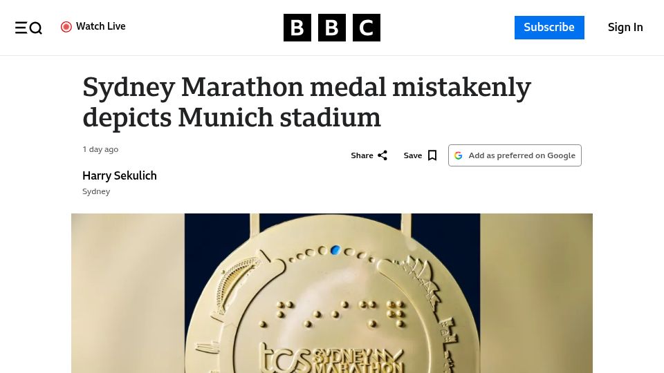 Screenshot of bbc.com: Sydney Marathon medal mistakenly depicts Munich stadium