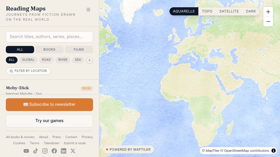 Screenshot of readingmaps.com: Reading Maps – Journeys from fiction drawn on the real world
