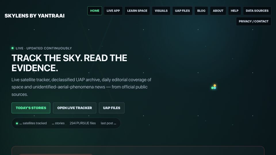 Screenshot of skylens.yantraai.app: Show HN: Live 3D satellite tracker and the declassified Pentagon UFO archive