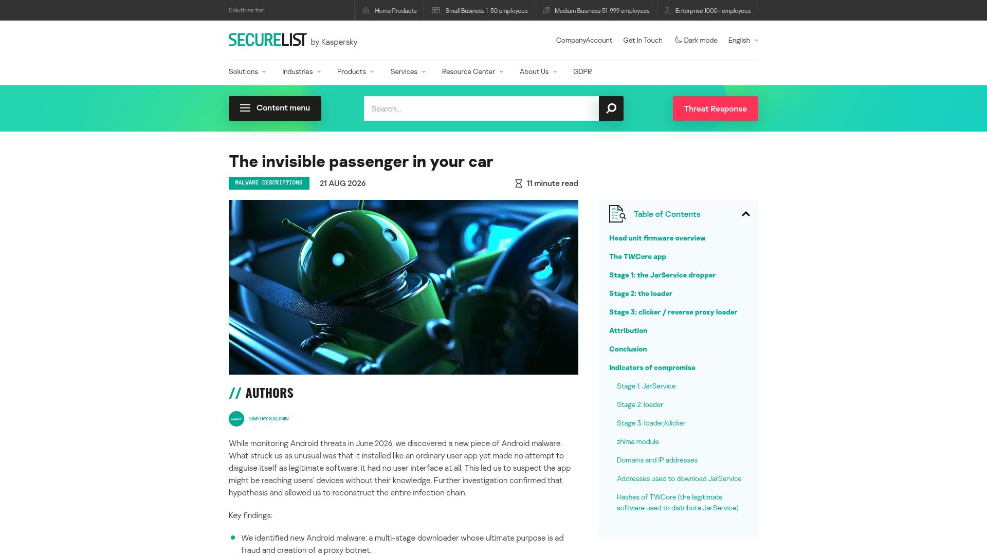 Screenshot of securelist.com: Malware infects Android-based automotive head unit firmware