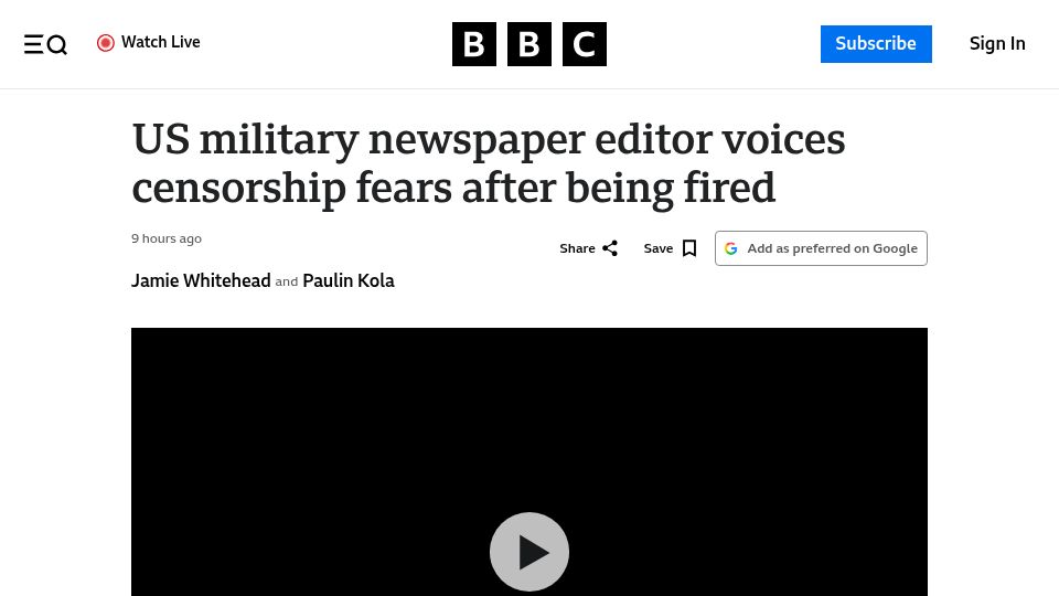 Screenshot of bbc.com: US Military newspaper editor voices censorship fears after being fired