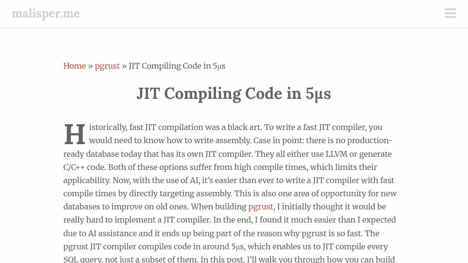 Screenshot of malisper.me: JIT Compiling Code in 5μs