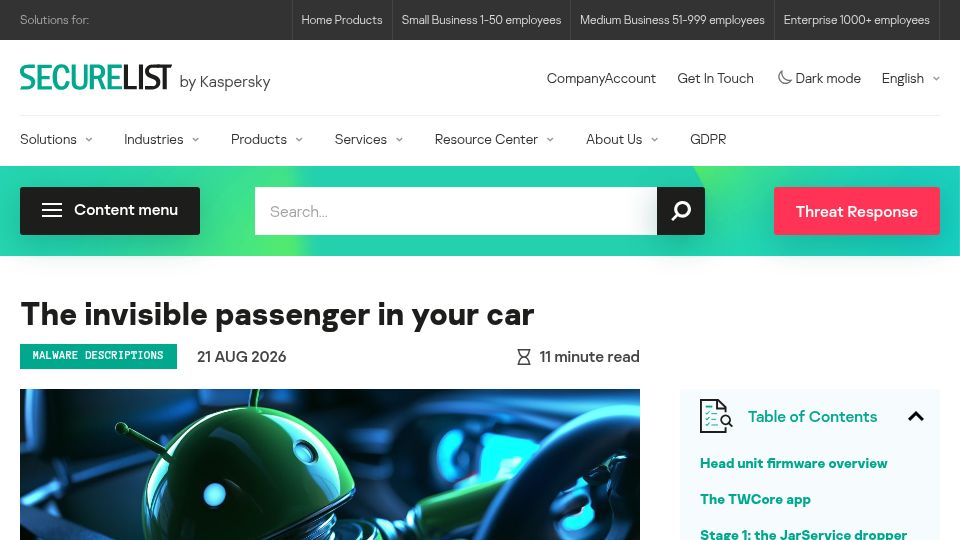 Screenshot of securelist.com: Malware infects Android-based automotive head unit firmware