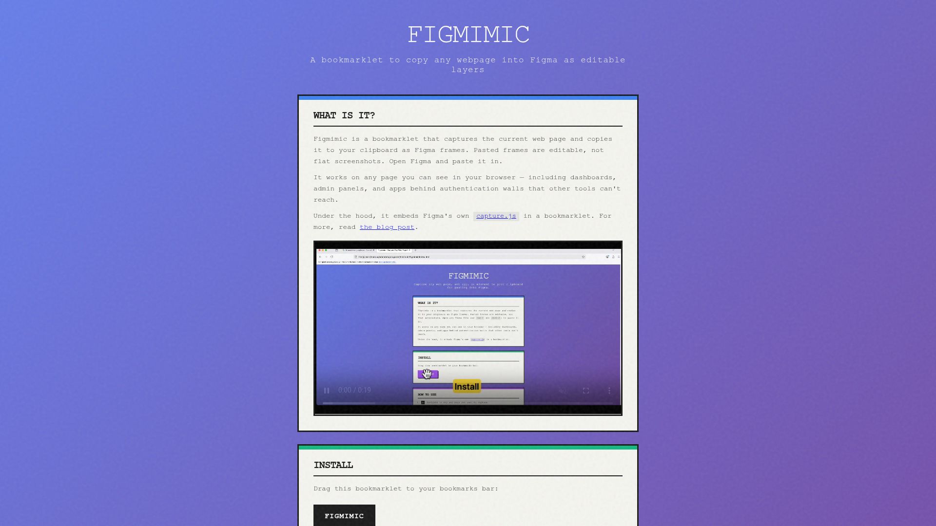 Screenshot of marcua.net: Figmimic – A bookmarklet to copy any webpage into Figma as editable layers