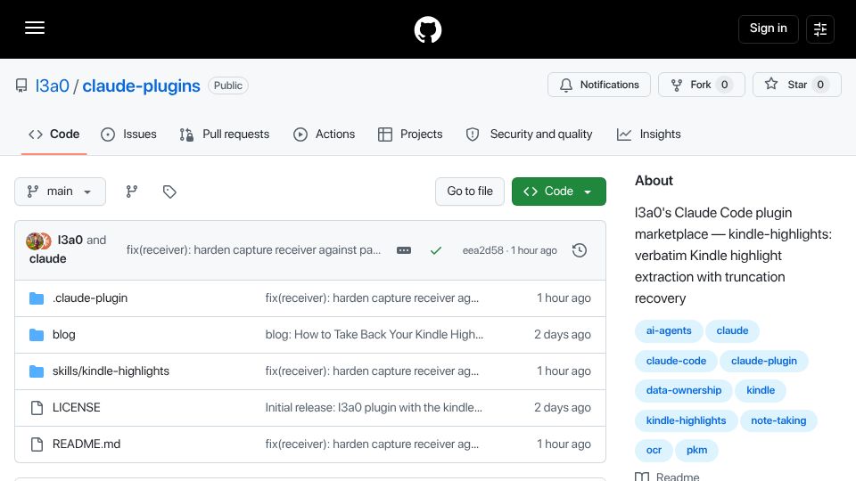 Screenshot of github.com: A Claude Code skill that recovers export-blocked Kindle highlights