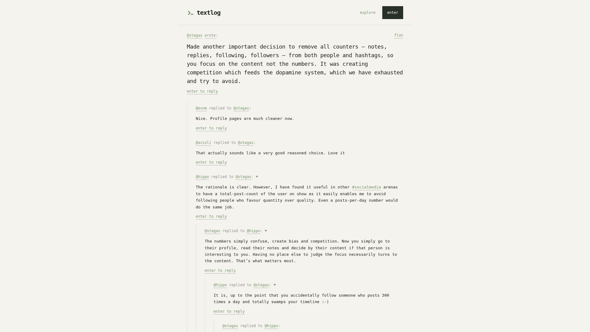 Screenshot of textlog.cc: Removed all counters, replies, following/ers, timestamps, from textlog