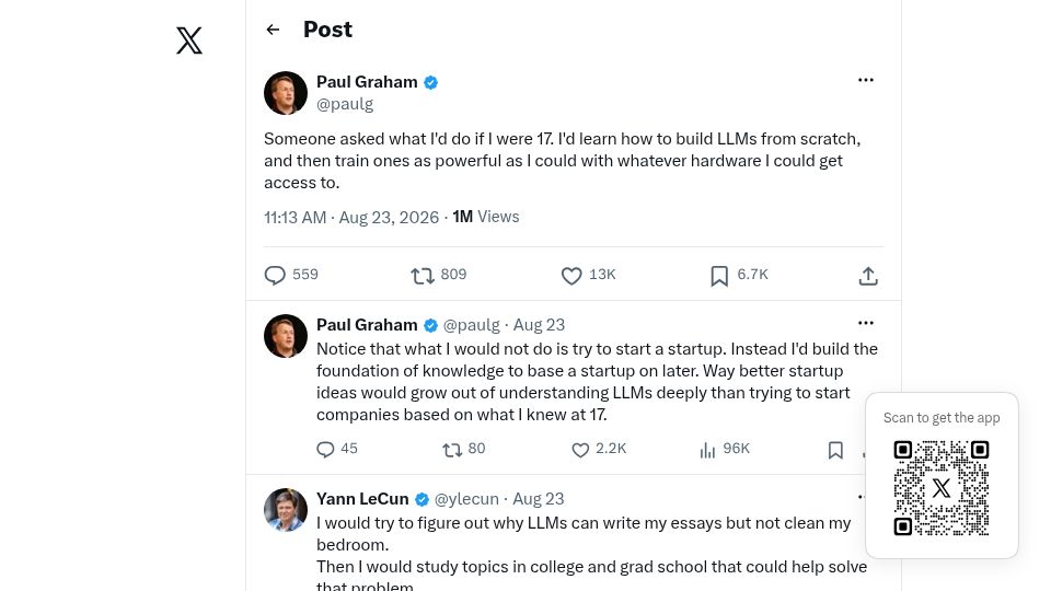 Screenshot of twitter.com: I were 17, I'd learn how to build LLMs from scratch