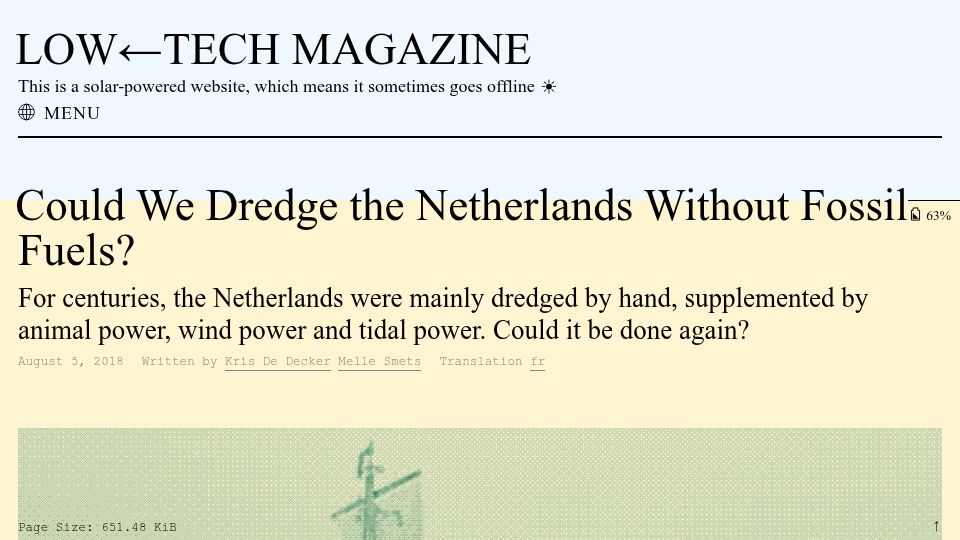 Screenshot of solar.lowtechmagazine.com: Could we dredge the Netherlands without fossil fuels? (2018)