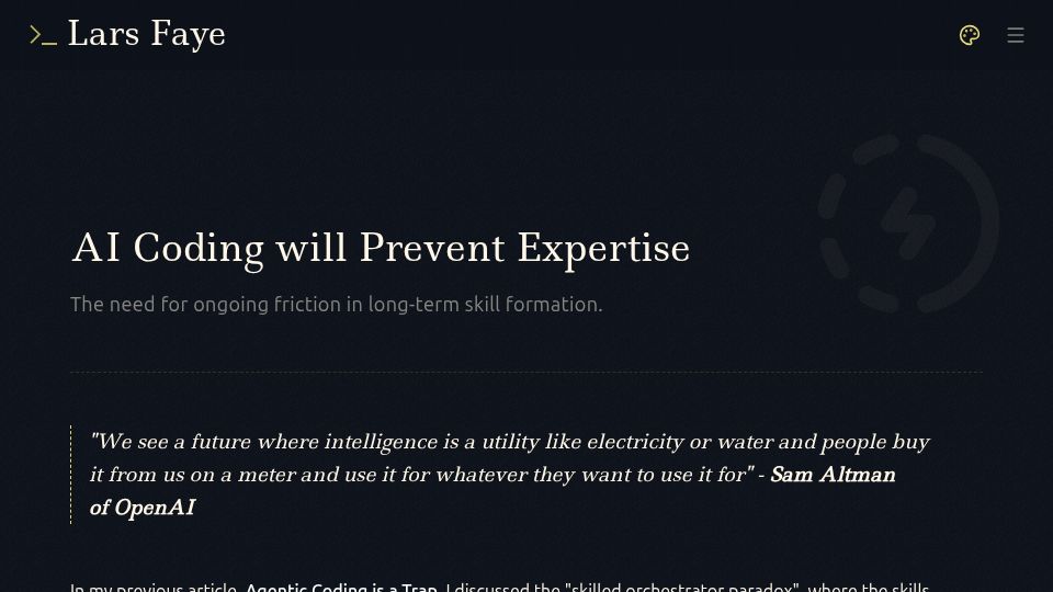 Screenshot of larsfaye.com: Coding expertise is going to collapse from AI reliance