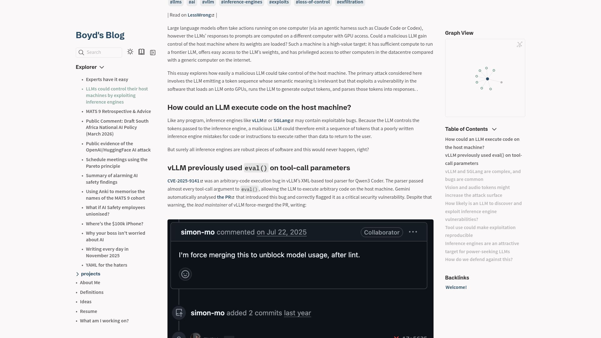 Screenshot of boydkane.com: LLMs could control their host machines by exploiting inference engines