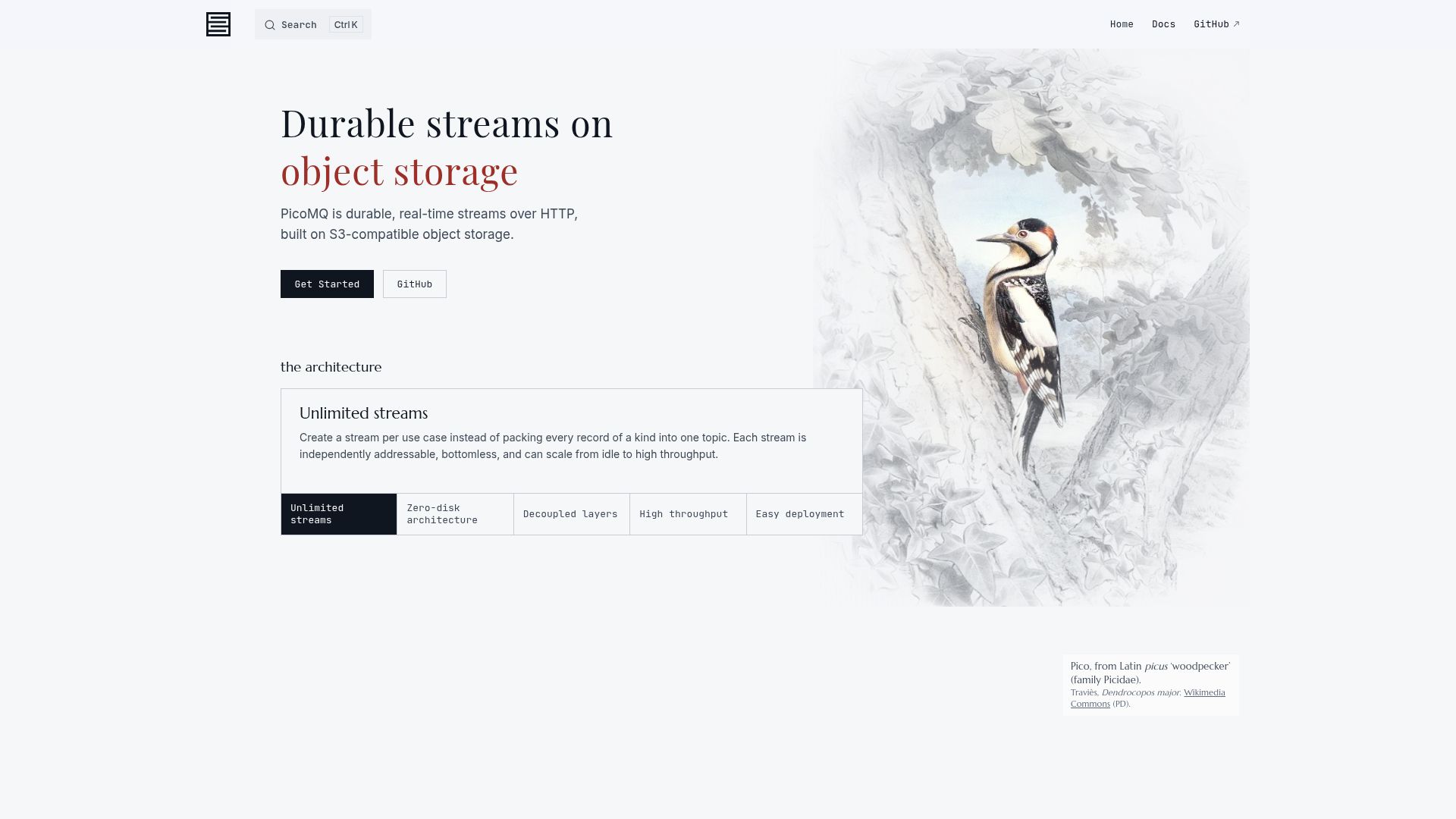 Screenshot of picomq.com: Show HN: PicoMQ – Durable Streams over HTTP, on object storage