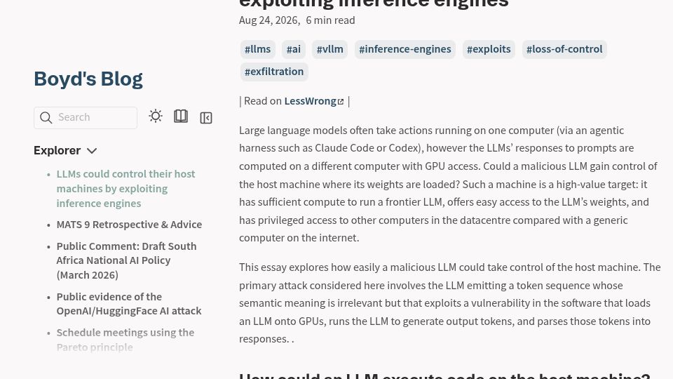 Screenshot of boydkane.com: LLMs could control their host machines by exploiting inference engines