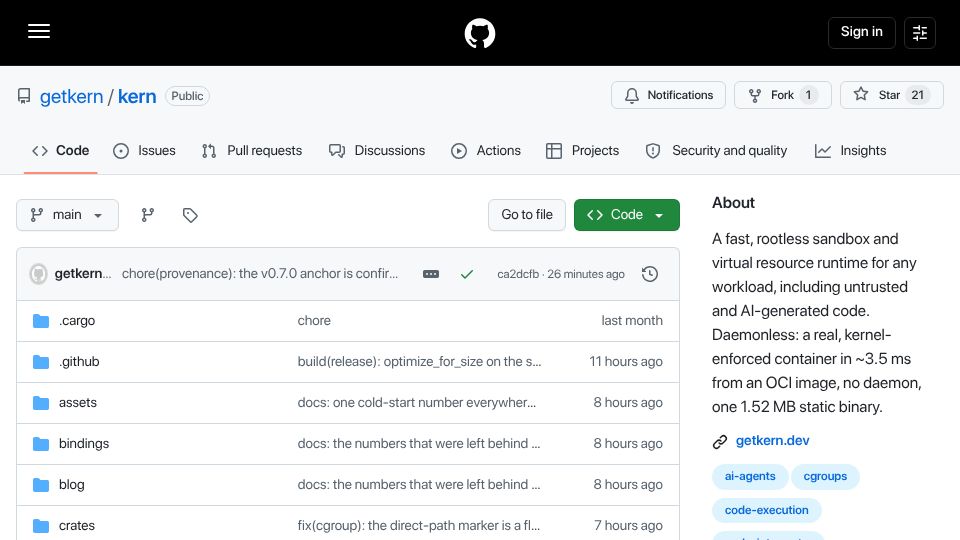 Screenshot of github.com: Show HN: Kern – container and resource runtime in a 1.5 MB binary, no daemon