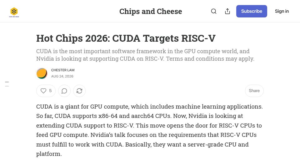 Screenshot of chipsandcheese.com: Hot Chips 2026: CUDA Targets RISC-V – By Chester Lam