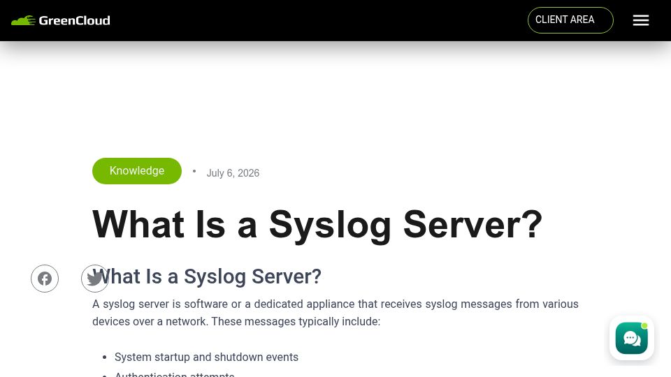 Screenshot of blog.greencloudvps.com: What Is a Syslog Server?