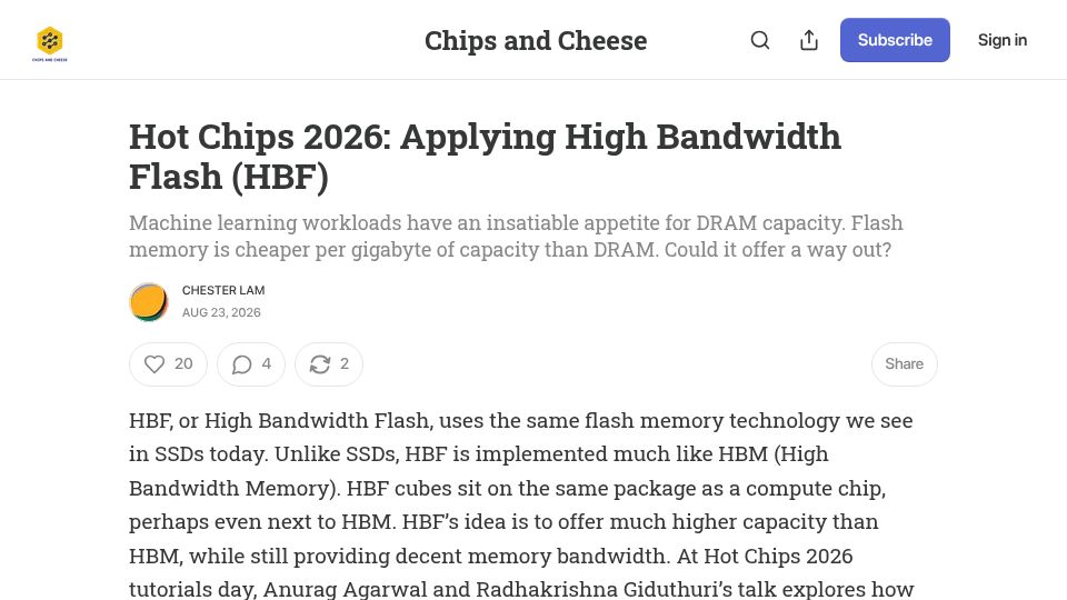 Screenshot of chipsandcheese.com: Hot Chips 2026: Applying High Bandwidth Flash (HBF)