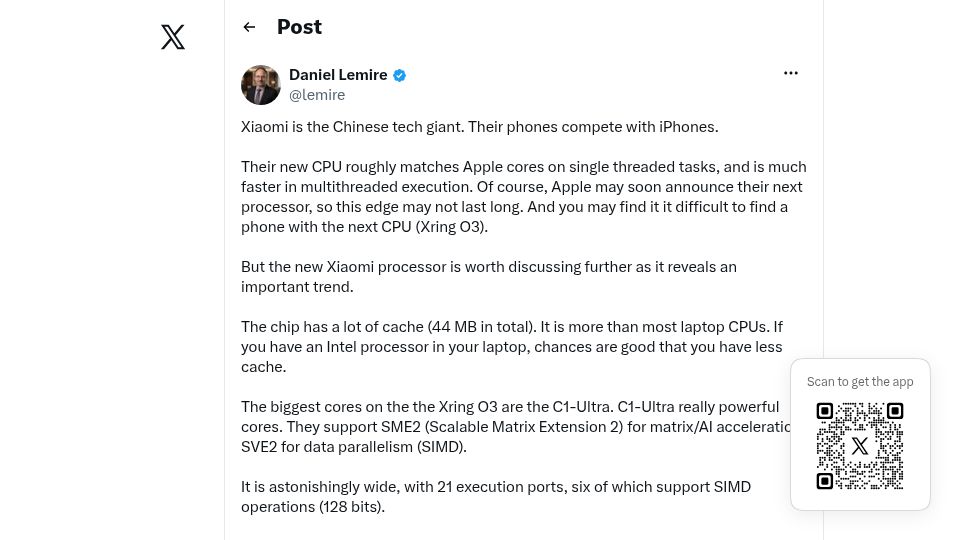 Screenshot of twitter.com: Xiaomi: New CPU matches Apple cores single threaded, much faster multithreaded