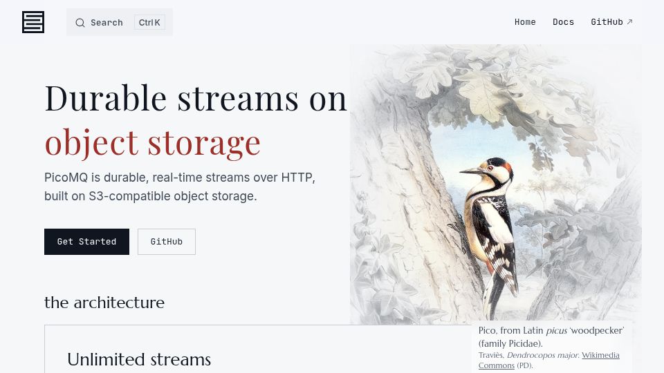 Screenshot of picomq.com: Show HN: PicoMQ – Durable Streams over HTTP, on object storage