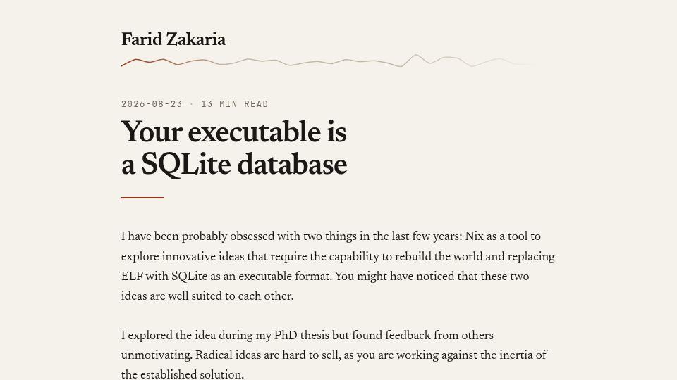 Screenshot of fzakaria.com: Executable Is a SQLite Database