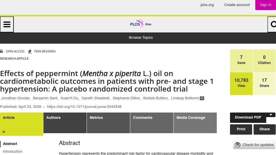 Screenshot of journals.plos.org: Peppermint oil reduces blood pressure by 8.48 mmHg in small study