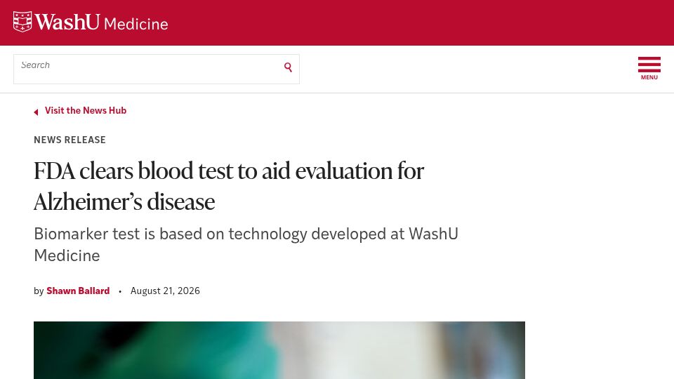 Screenshot of medicine.washu.edu: FDA clears blood test to aid evaluation for Alzheimer's disease