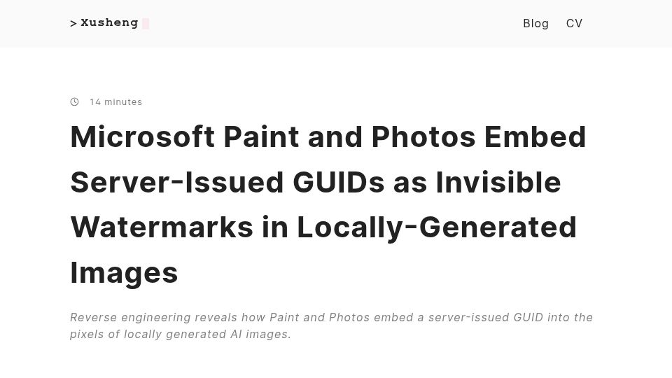 Screenshot of xusheng.dev: MS Paint and Photos inivisibly watermark even locally generated output with GUID