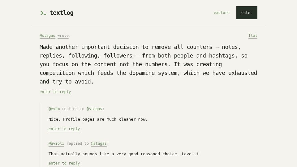 Screenshot of textlog.cc: Removed all counters, replies, following/ers, timestamps, from textlog