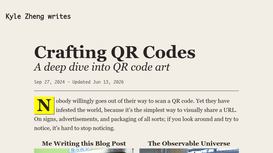 Screenshot of kylezhe.ng: Crafting QR Codes: A deep dive into QR code art (2024)