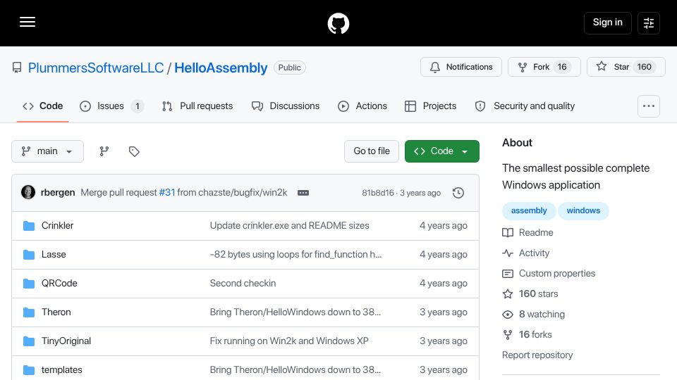 Screenshot of github.com: HelloAssembly: The smallest possible complete Windows application (2021)