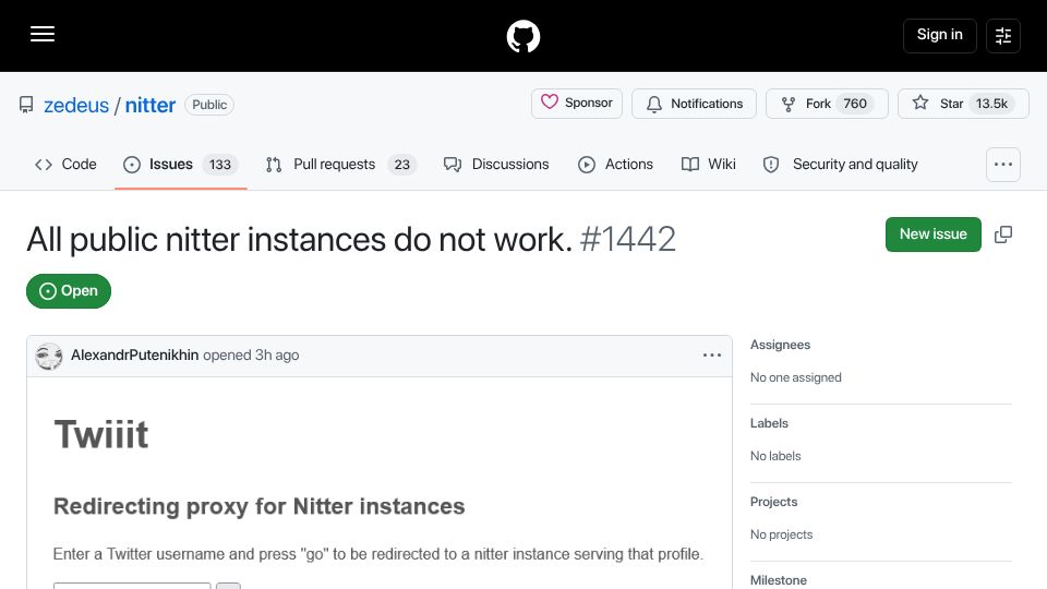 Screenshot of github.com: Nitter and XCancel receive cease and desist notices