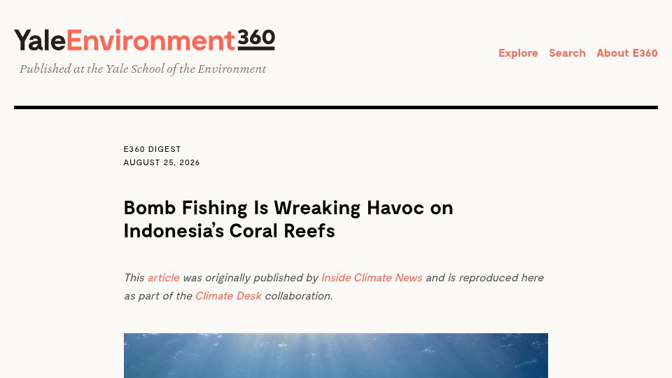 Screenshot of e360.yale.edu: Bomb fishing is wreaking havoc on Indonesia's coral reefs