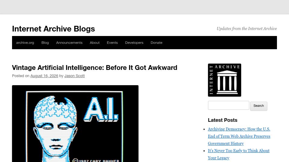 Screenshot of blog.archive.org: Vintage Artificial Intelligence: Before It Got Awkward