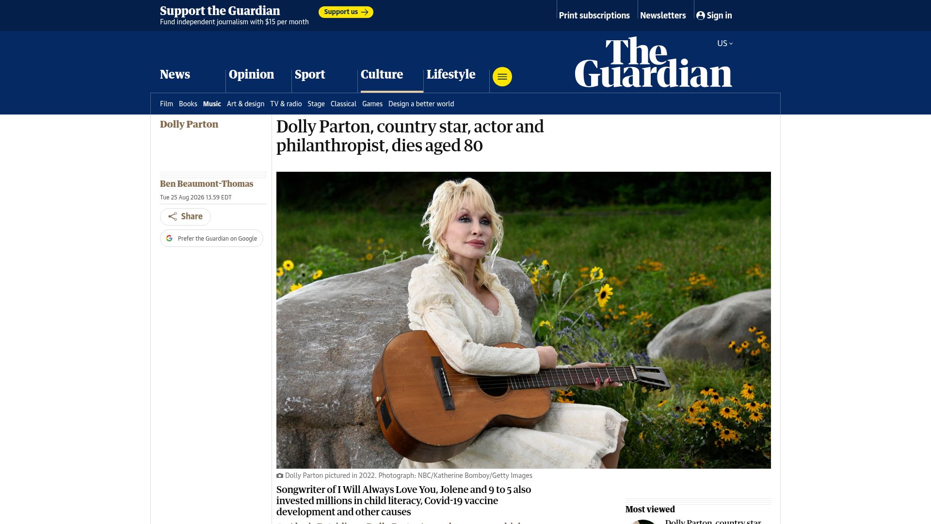Screenshot of theguardian.com: Dolly Parton has died
