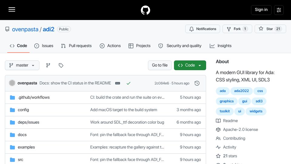 Screenshot of github.com: Show HN: A Modern GUI Library for Ada: CSS Styling, XML UI, SDL3
