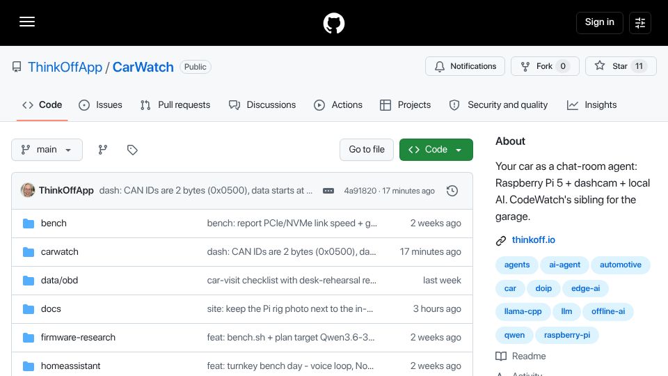 Screenshot of github.com: Show HN: I made a Raspberry with Qwen my local car AI