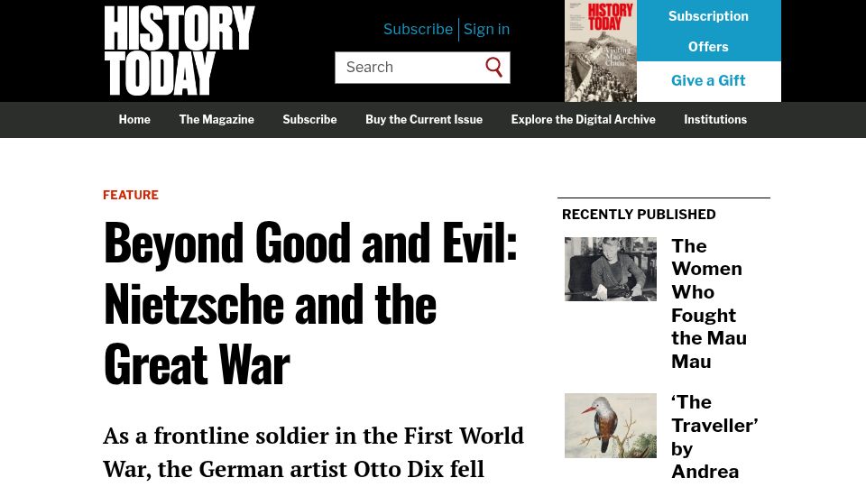 Screenshot of historytoday.com: Otto Dix, Nietzsche, and the Great War (2019)