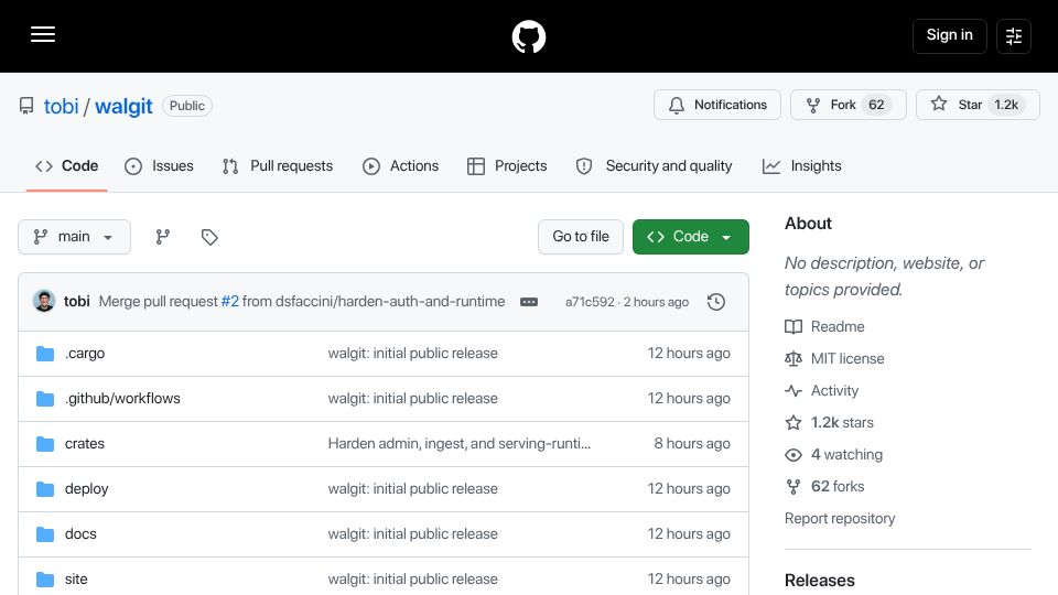 Screenshot of github.com: Walgit – a Git server that is one binary in front of an object store