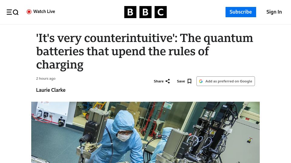 Screenshot of bbc.com: Quantum battery upends the rules of charging