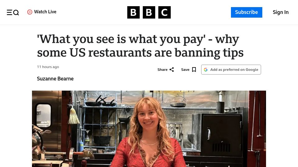 Screenshot of bbc.com: Why some US restaurants are banning tips