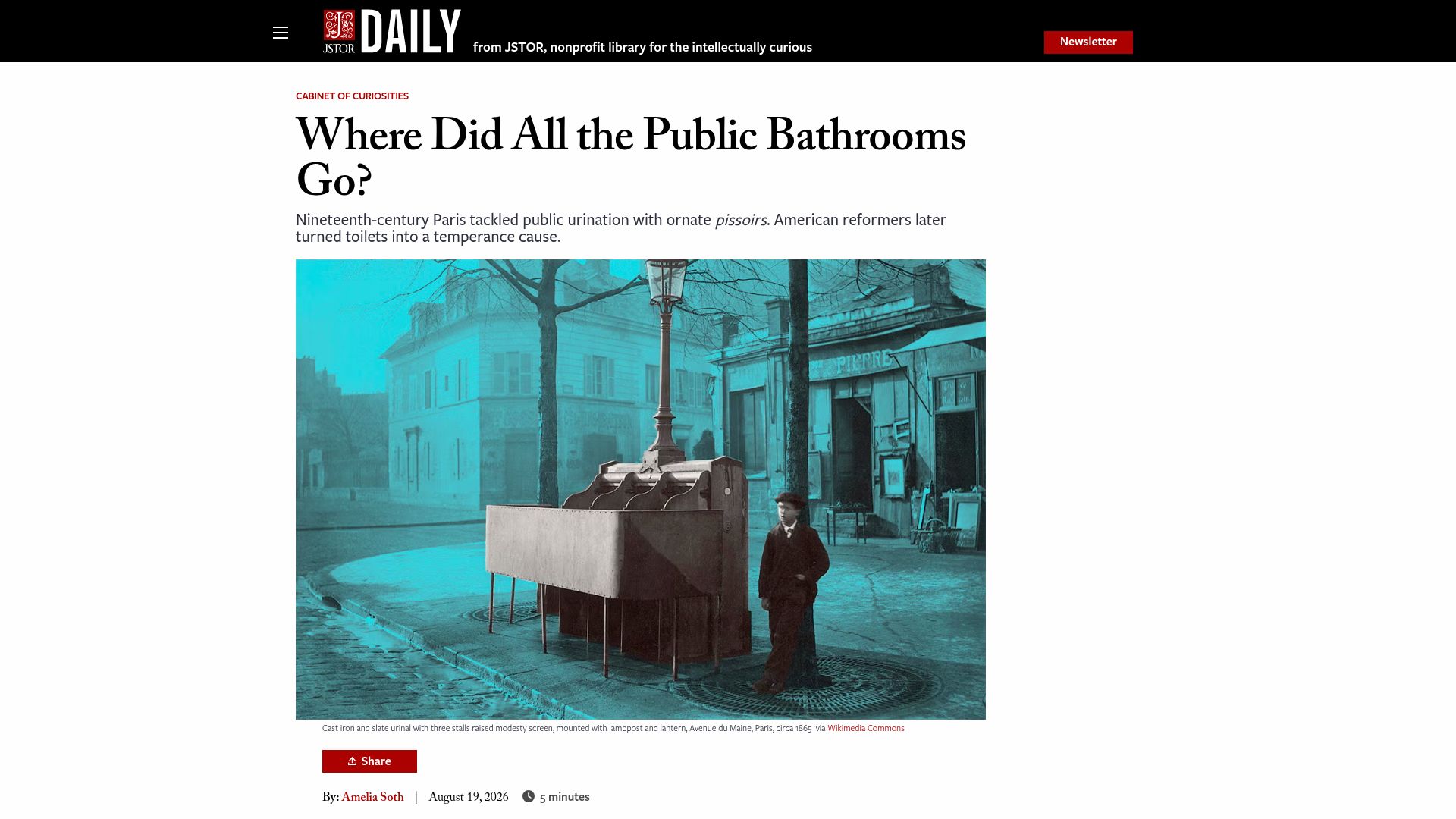 Screenshot of daily.jstor.org: Where did all the public bathrooms go?