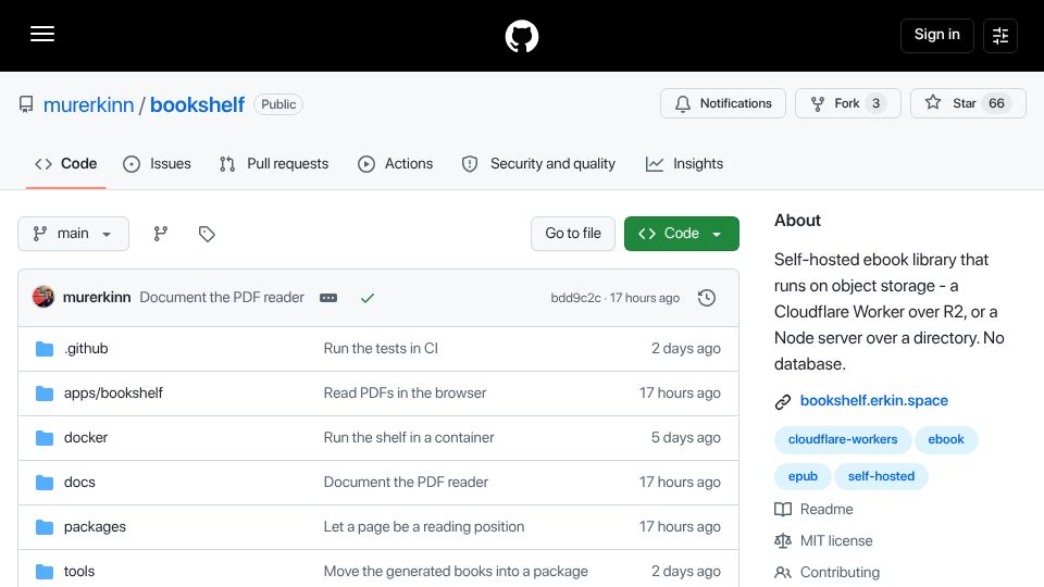 Screenshot of github.com: Bookshelf – Self-hosted eBook library that runs on object storage