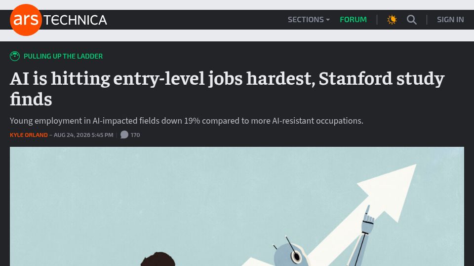 Screenshot of arstechnica.com: AI is hitting entry-level jobs hardest, Stanford study finds