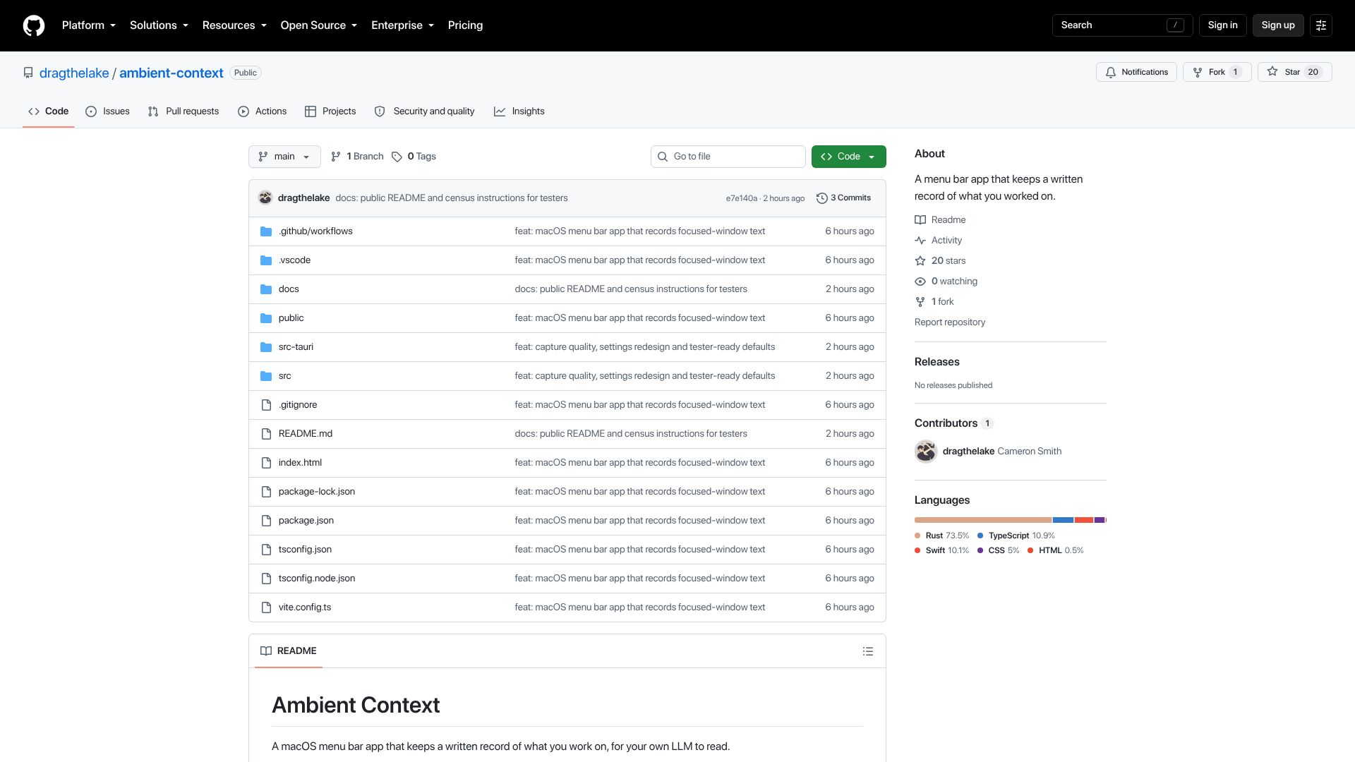 Screenshot of github.com: Show HN: Screen memory without screenshots, just text to Markdown