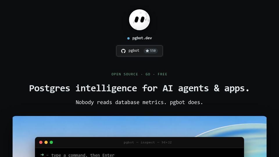 Screenshot of pgbot.dev: Pgbot: A 5.9 MB read-only Postgres tool for humans and agents