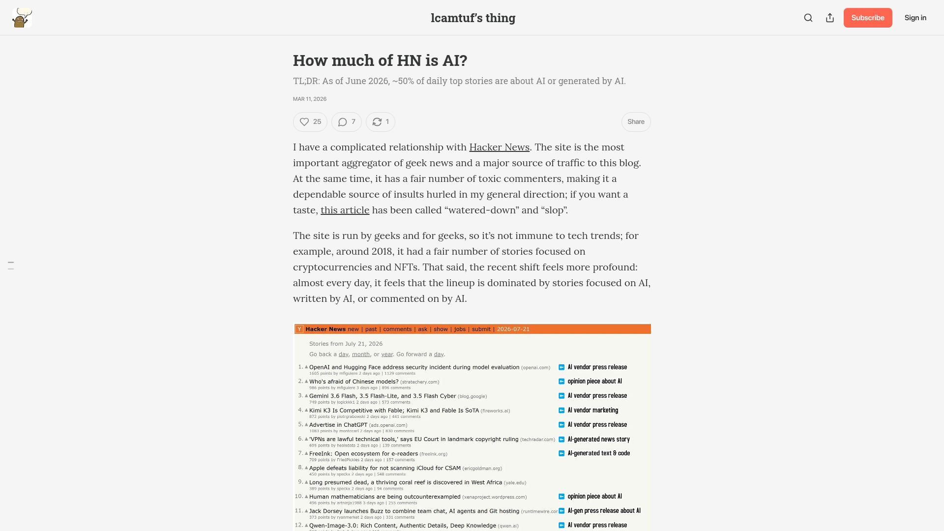 Screenshot of blog.coredump.cx: How much of HN is AI?
