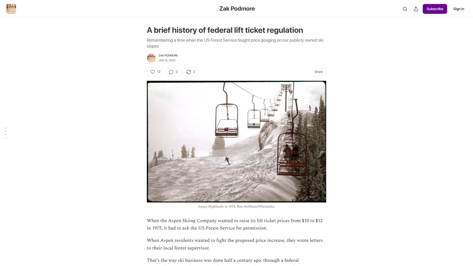 Screenshot of zakpodmore.substack.com: A brief history of federal lift ticket regulation